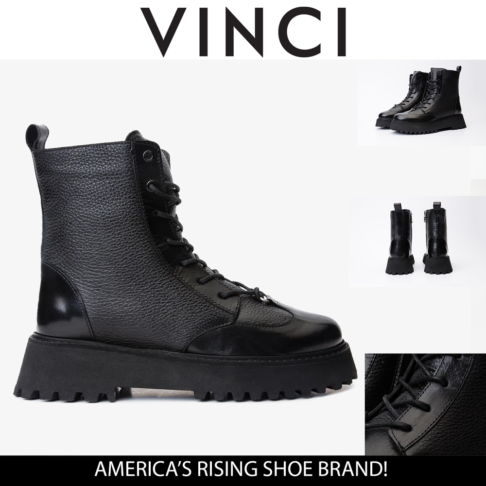 The Yildiz Black Leather Lace-Up Ankle  Boot With a Side Zipper