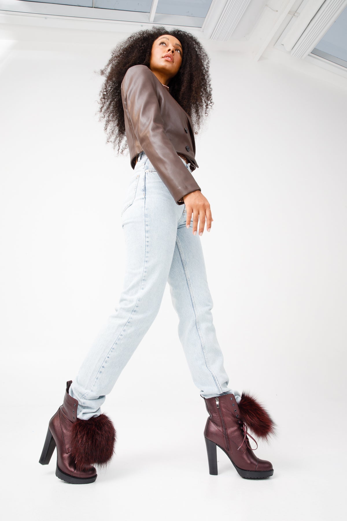 The Melo Burgundy Leather Natural Mid Calf Platform Heel Boot