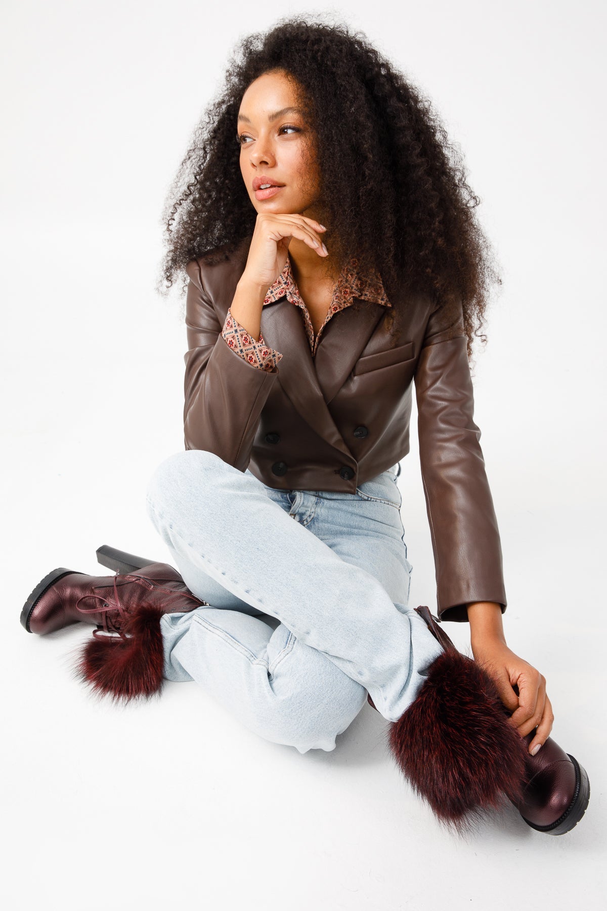 The Melo Burgundy Leather Natural Mid Calf Platform Heel Boot