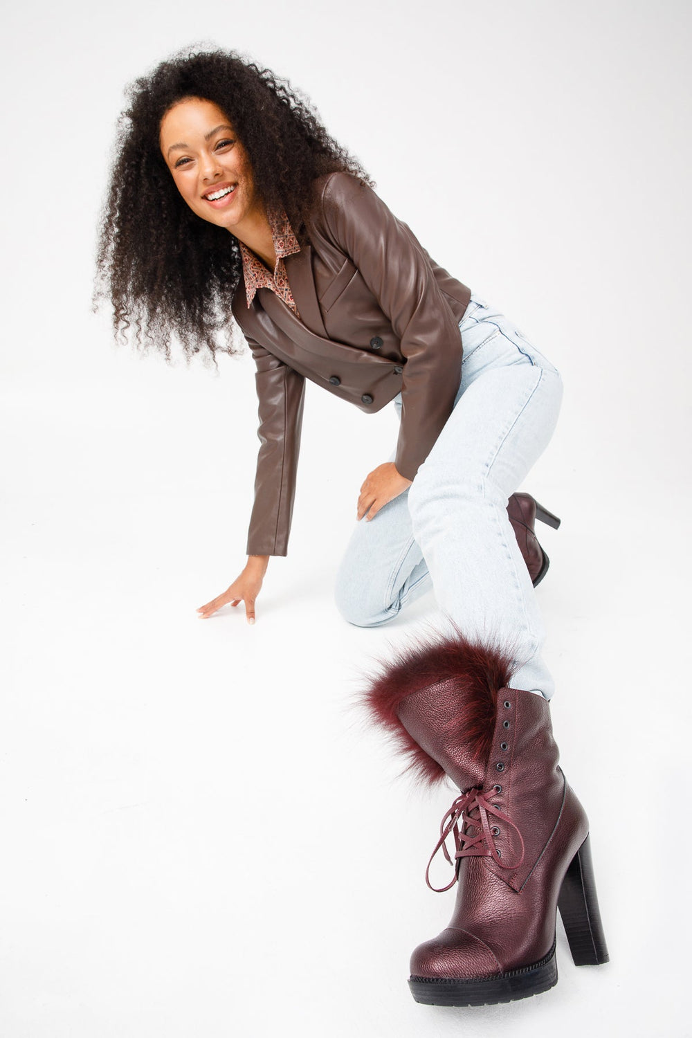 The Melo Burgundy Leather Natural Mid Calf Platform Heel Boot