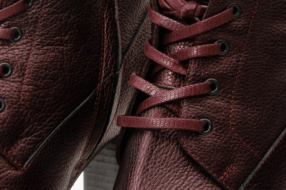 The Melo Burgundy Leather Natural Mid Calf Platform Heel Boot