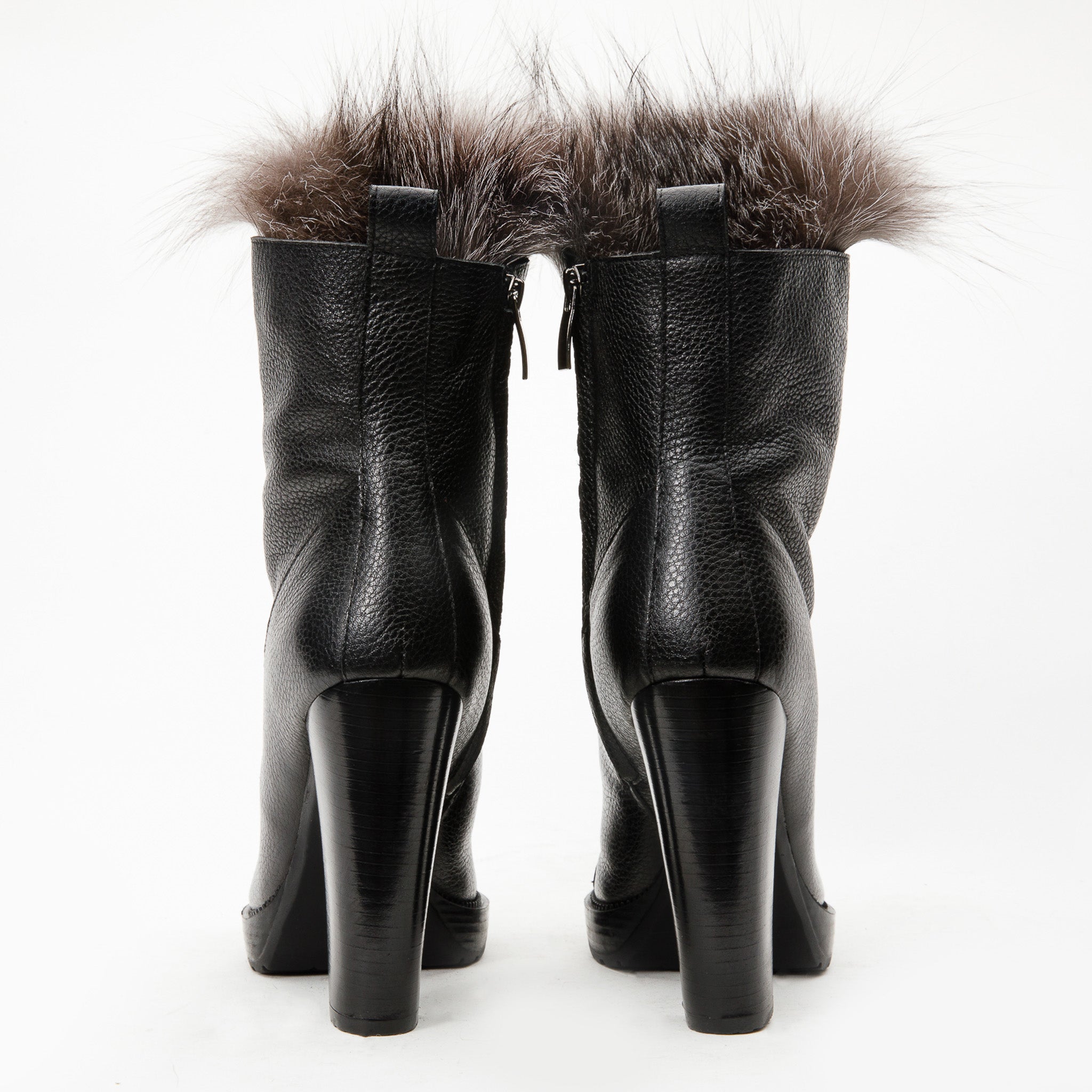 The Melo Black Leather Natural Fur Mid Calf Platform Heel Boot