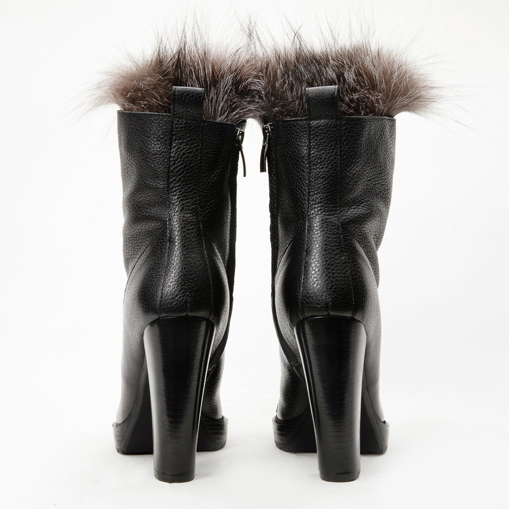 The Melo Black Leather Natural Fur Mid Calf Platform Heel Boot