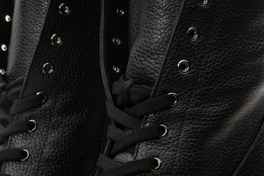 The Melo Black Leather Natural Fur Mid Calf Platform Heel Boot