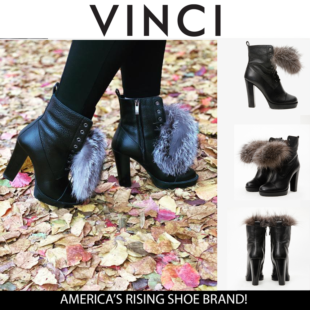 The Melo Black Leather Natural Fur Mid Calf Platform Heel Boot