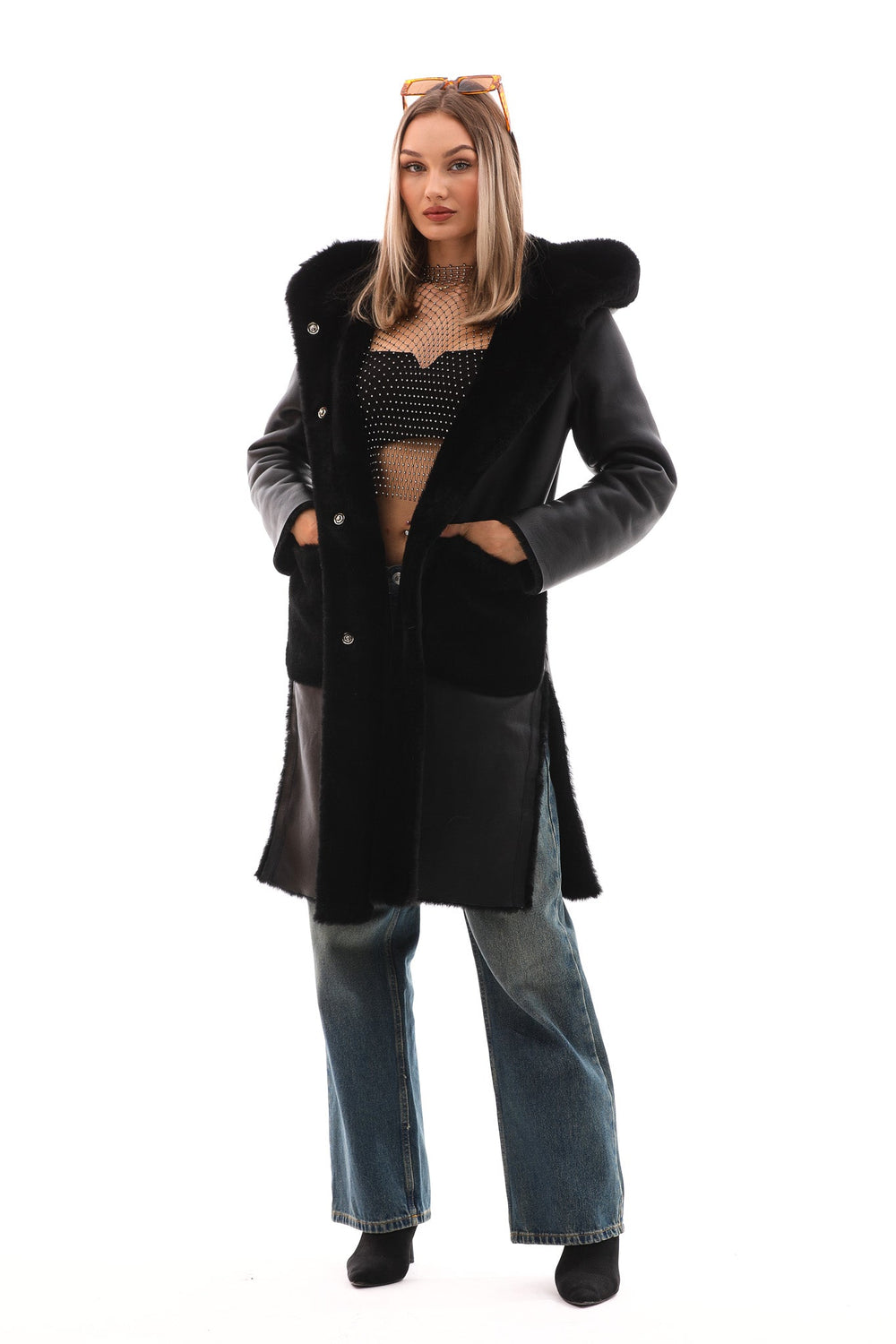 The VESARA Reversible Shearling Leather Coat – Jet Black