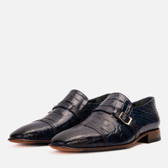 The Strat Single Monk Strap Cap Toe Navy Leather Handmade Shoe