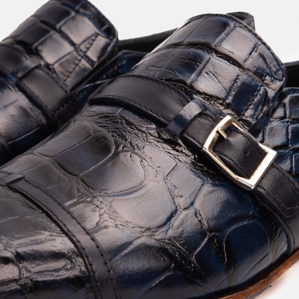 The Strat Single Monk Strap Cap Toe Navy Leather Handmade Shoe