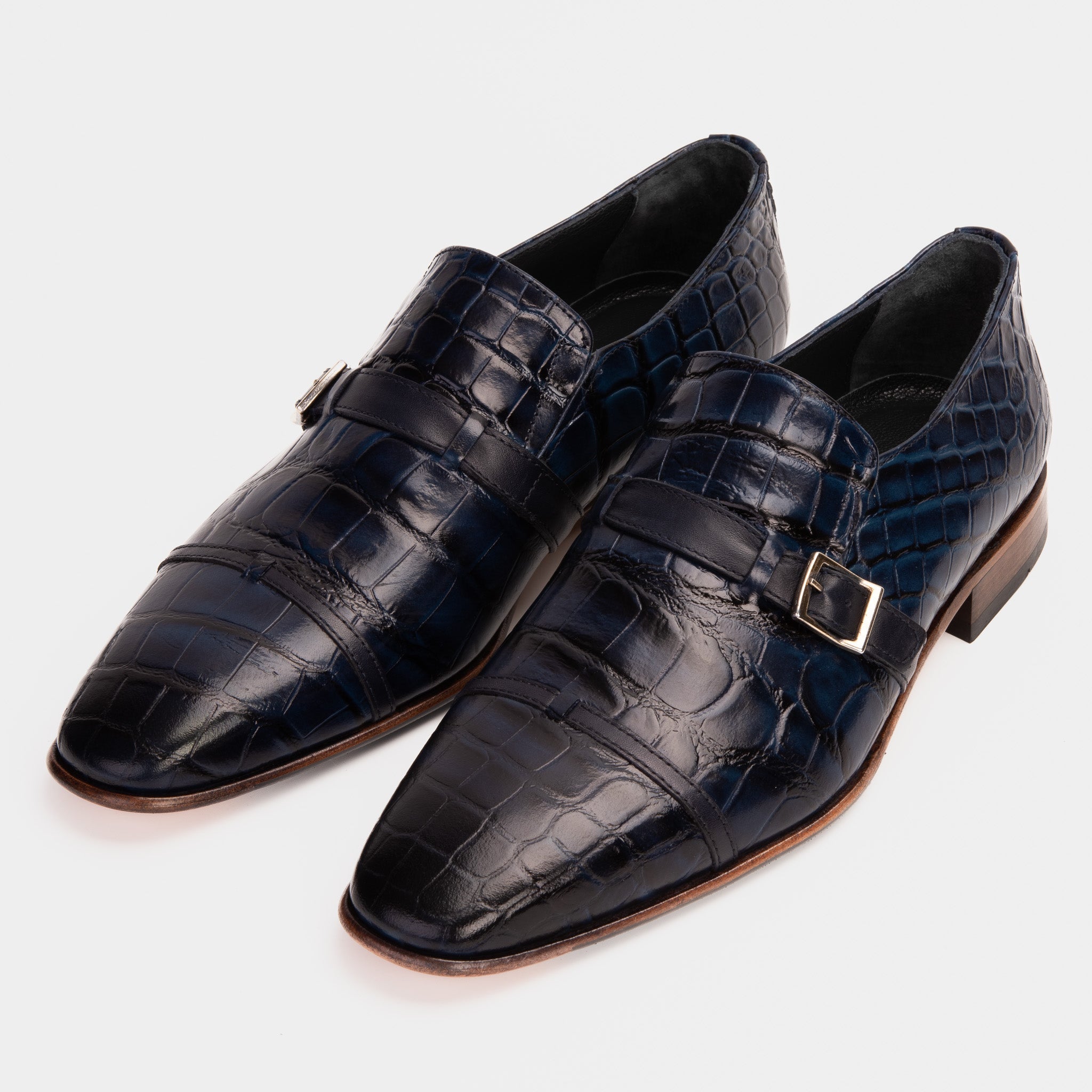 The Strat Single Monk Strap Cap Toe Navy Leather Handmade Shoe