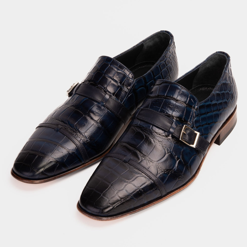 The Strat Single Monk Strap Cap Toe Navy Leather Handmade Shoe