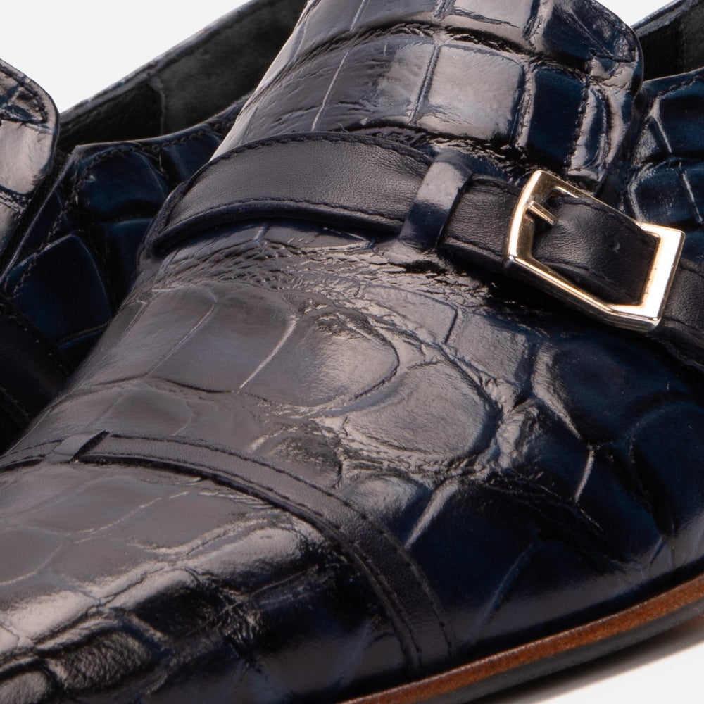 The Strat Single Monk Strap Cap Toe Navy Leather Handmade Shoe