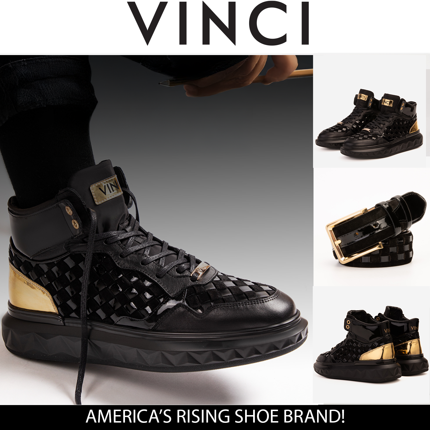 The Eugene Black Gold Woven Leather High-Top Sneaker