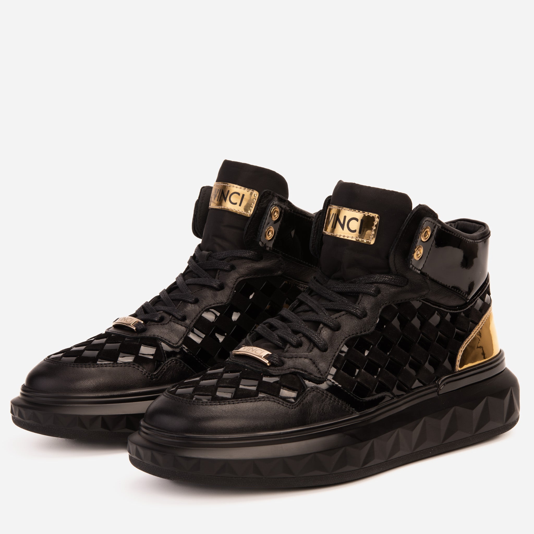 The Eugene Black Gold Woven Leather High-Top Sneaker