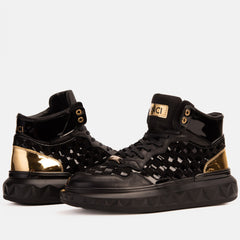 The Eugene Black Gold Woven Leather High-Top Sneaker