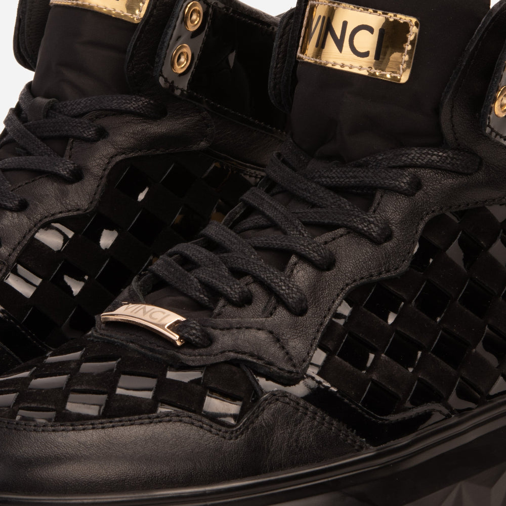 The Eugene Black Gold Woven Leather High-Top Sneaker