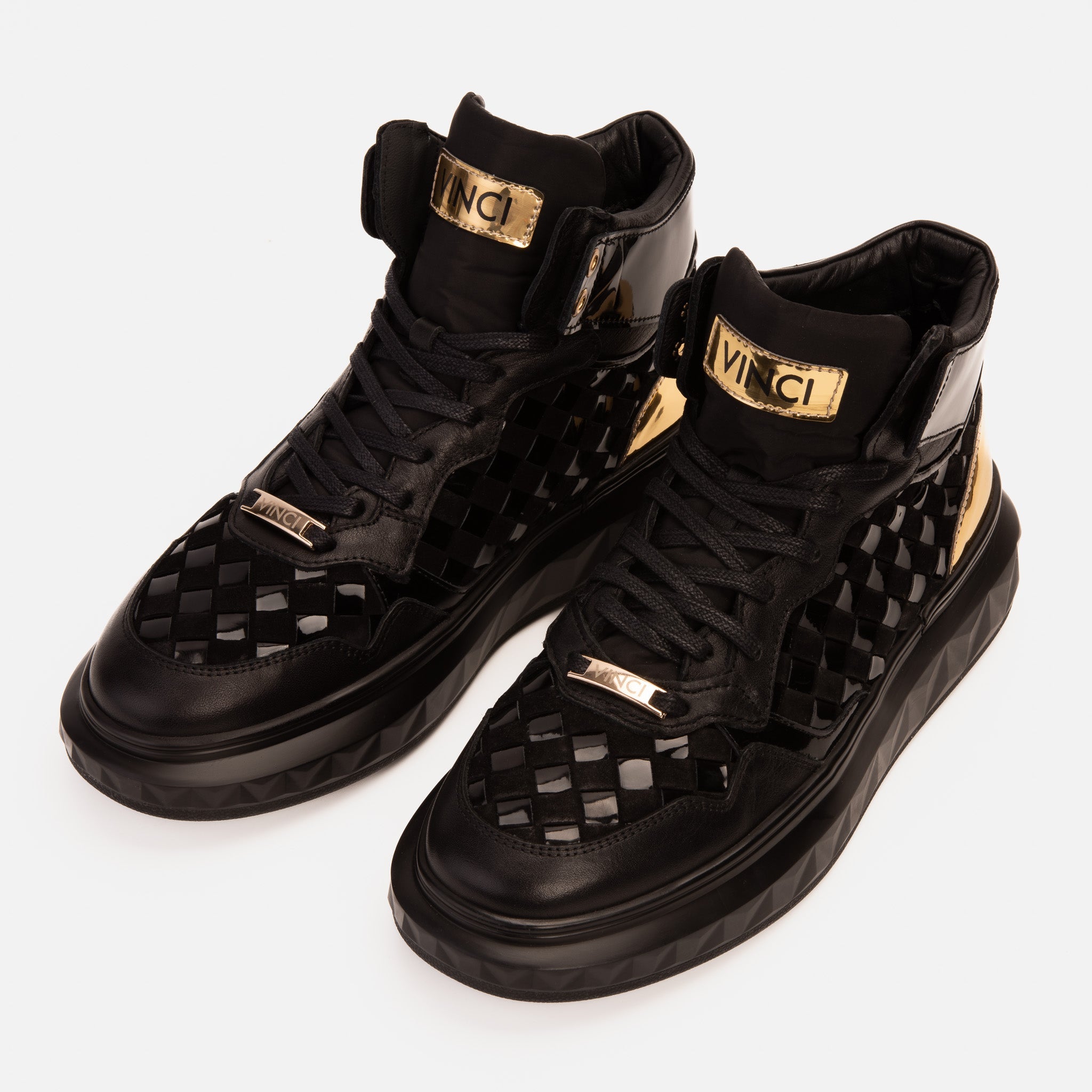 The Eugene Black Gold Woven Leather High-Top Sneaker