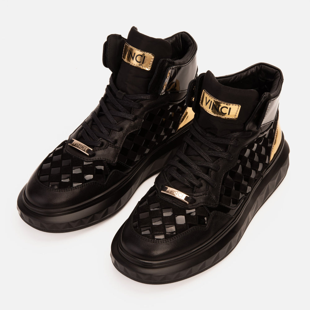 The Eugene Black Gold Woven Leather High-Top Sneaker