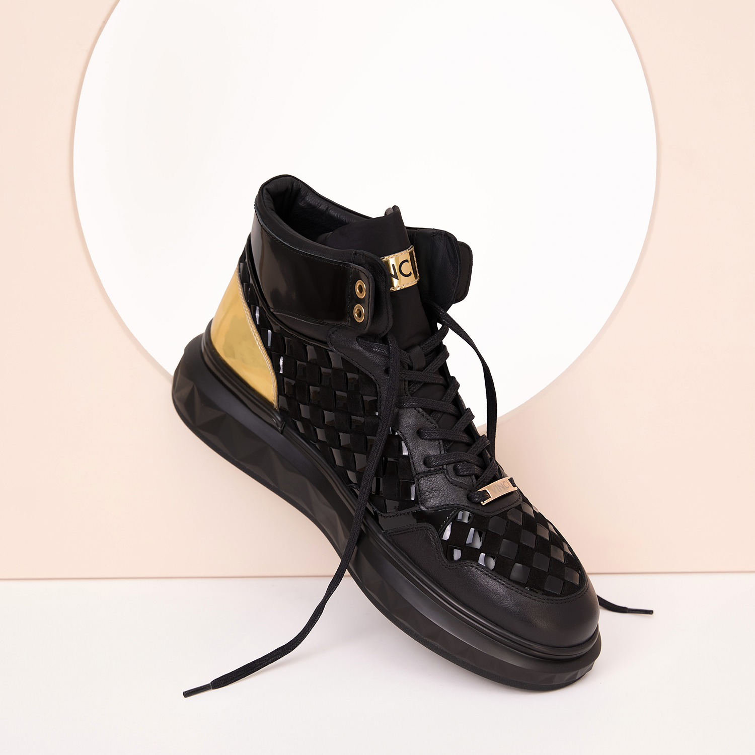 The Eugene Black Gold Woven Leather High-Top Sneaker