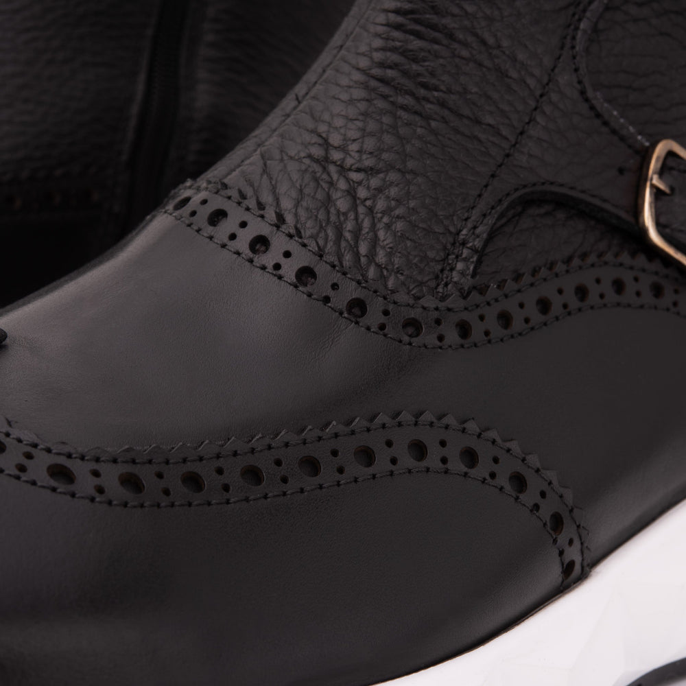 The Stealth Wingtip Buckle Black Leather Boot