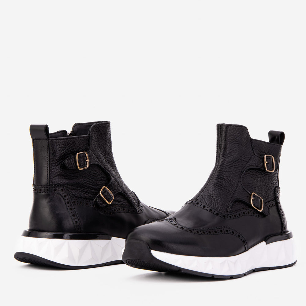 The Stealth Wingtip Buckle Black Leather Boot