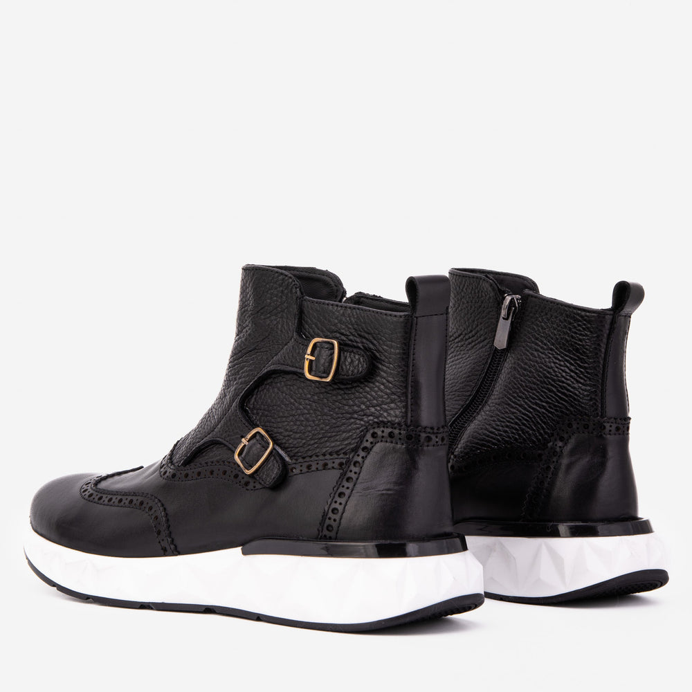 The Stealth Wingtip Buckle Black Leather Boot