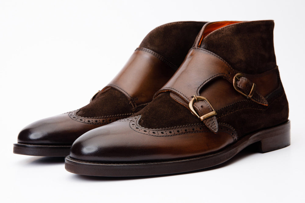 The Albus Brown Leather Suede Double Strap Monk Brogue Boot