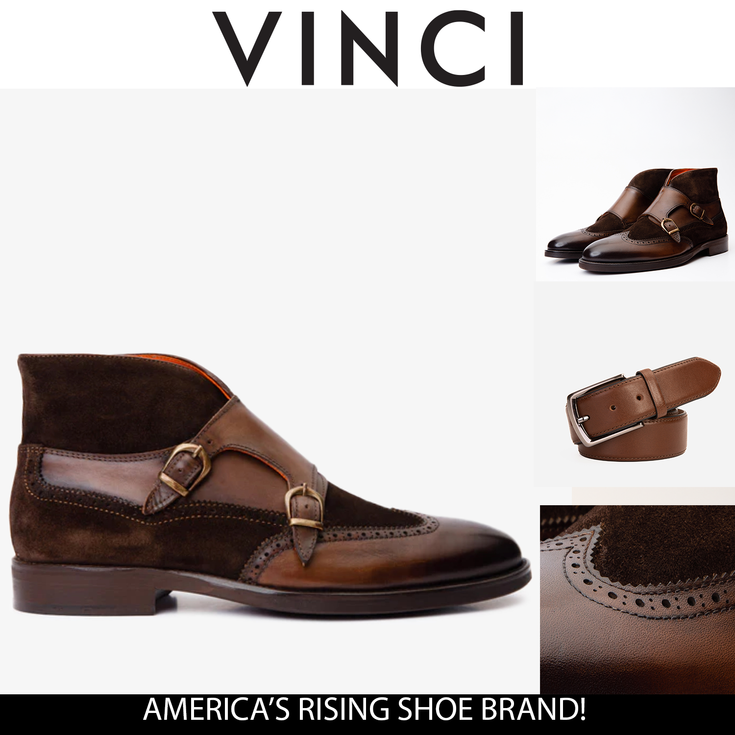The Albus Brown Leather Suede Double Strap Monk Brogue Boot