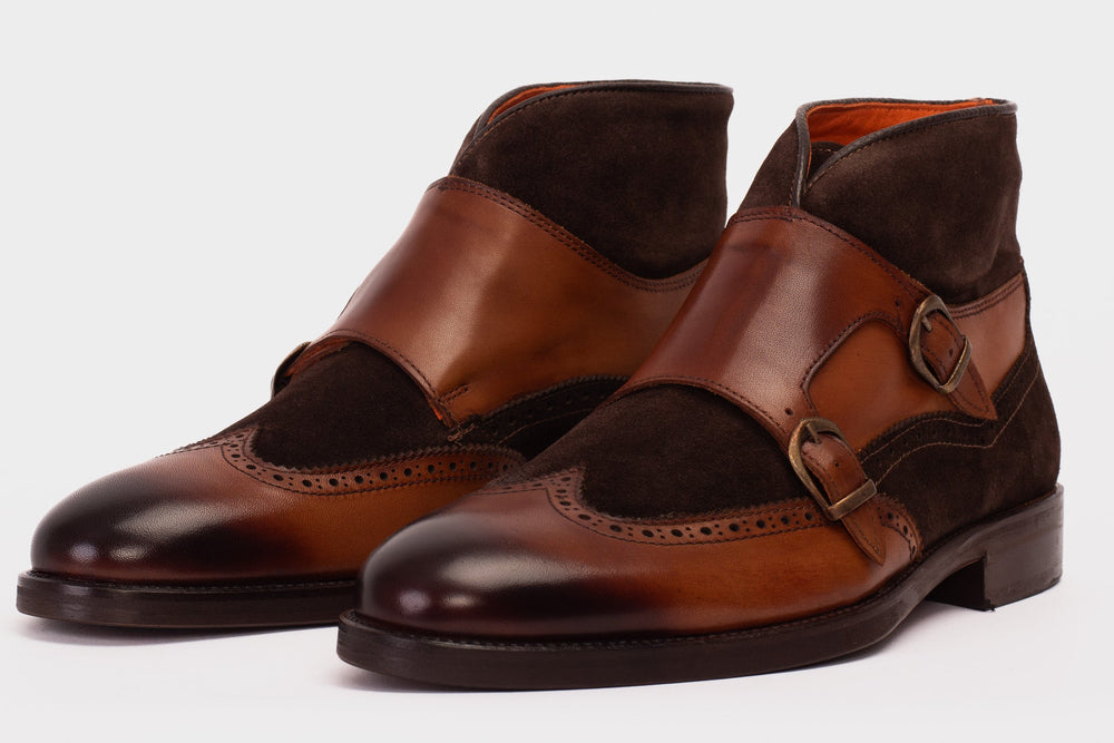 The Albus Tan Leather Suede Double Strap Monk Brogue  Boot