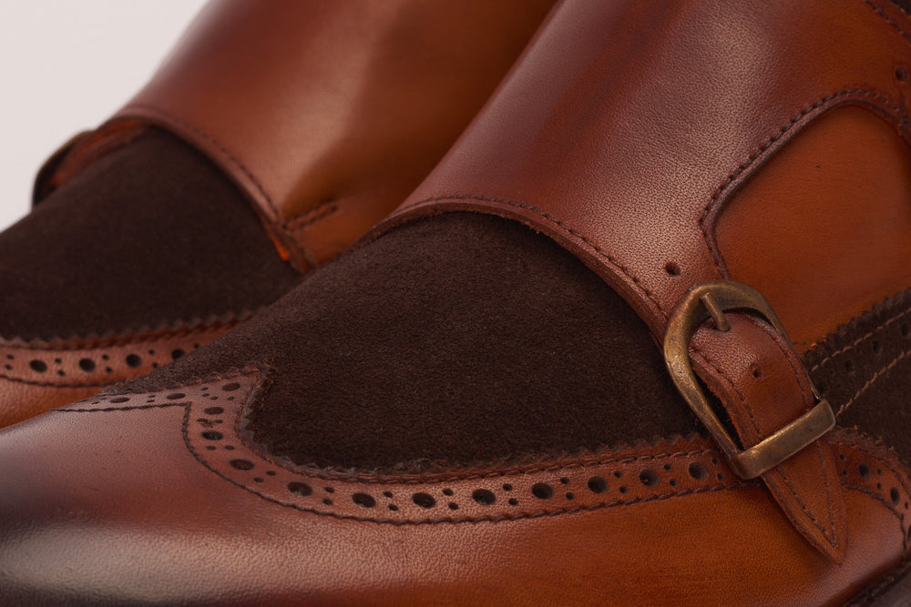 The Albus Tan Leather Suede Double Strap Monk Brogue  Boot