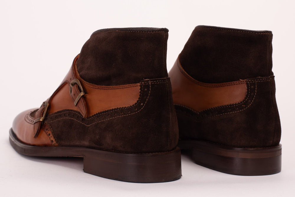 The Albus Tan Leather Suede Double Strap Monk Brogue  Boot
