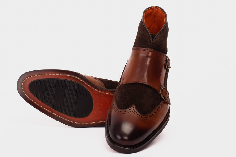 The Albus Tan Leather Suede Double Strap Monk Brogue  Boot