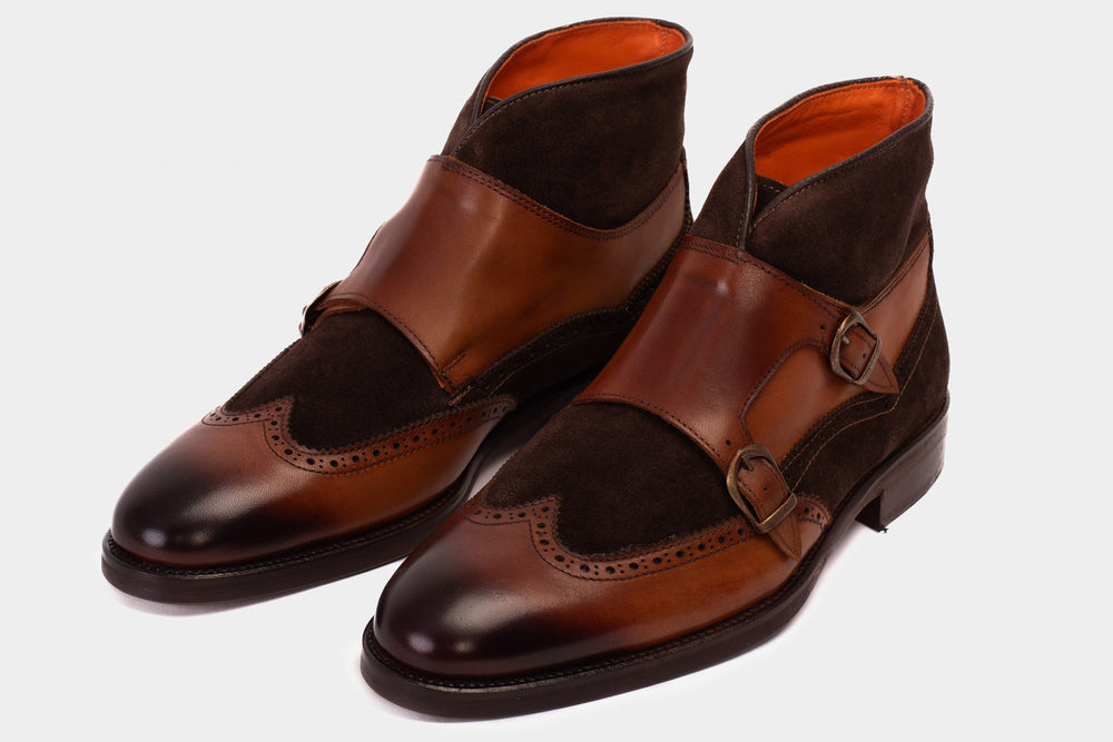 The Albus Tan Leather Suede Double Strap Monk Brogue  Boot