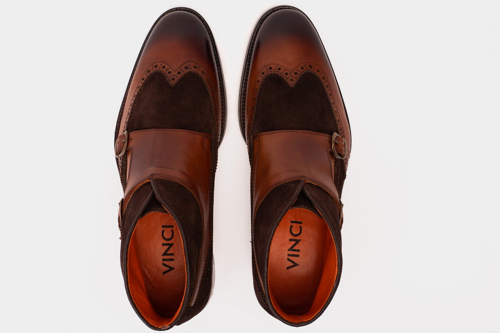 The Albus Tan Leather Suede Double Strap Monk Brogue  Boot