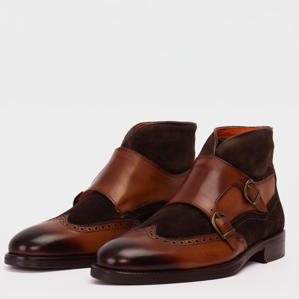The Albus Tan Leather Suede Double Strap Monk Brogue  Boot