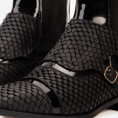 The Orion Black Snakeskin Pattern Leather Double Monk Strap Boot