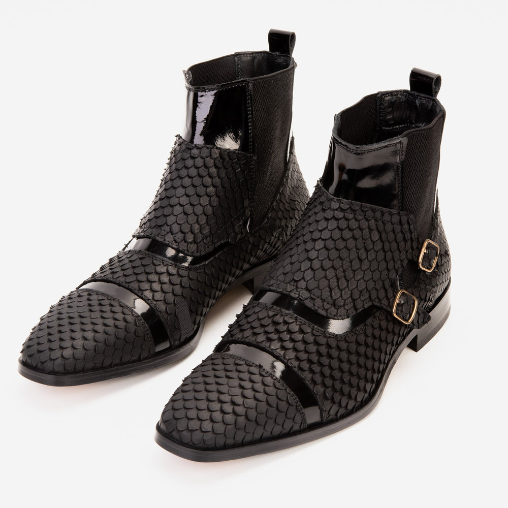 The Orion Black Snakeskin Pattern Leather Double Monk Strap Boot