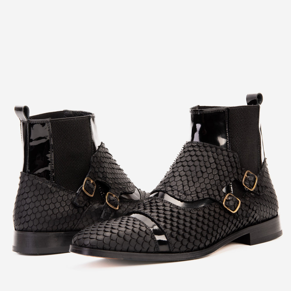 The Orion Black Snakeskin Pattern Leather Double Monk Strap Boot