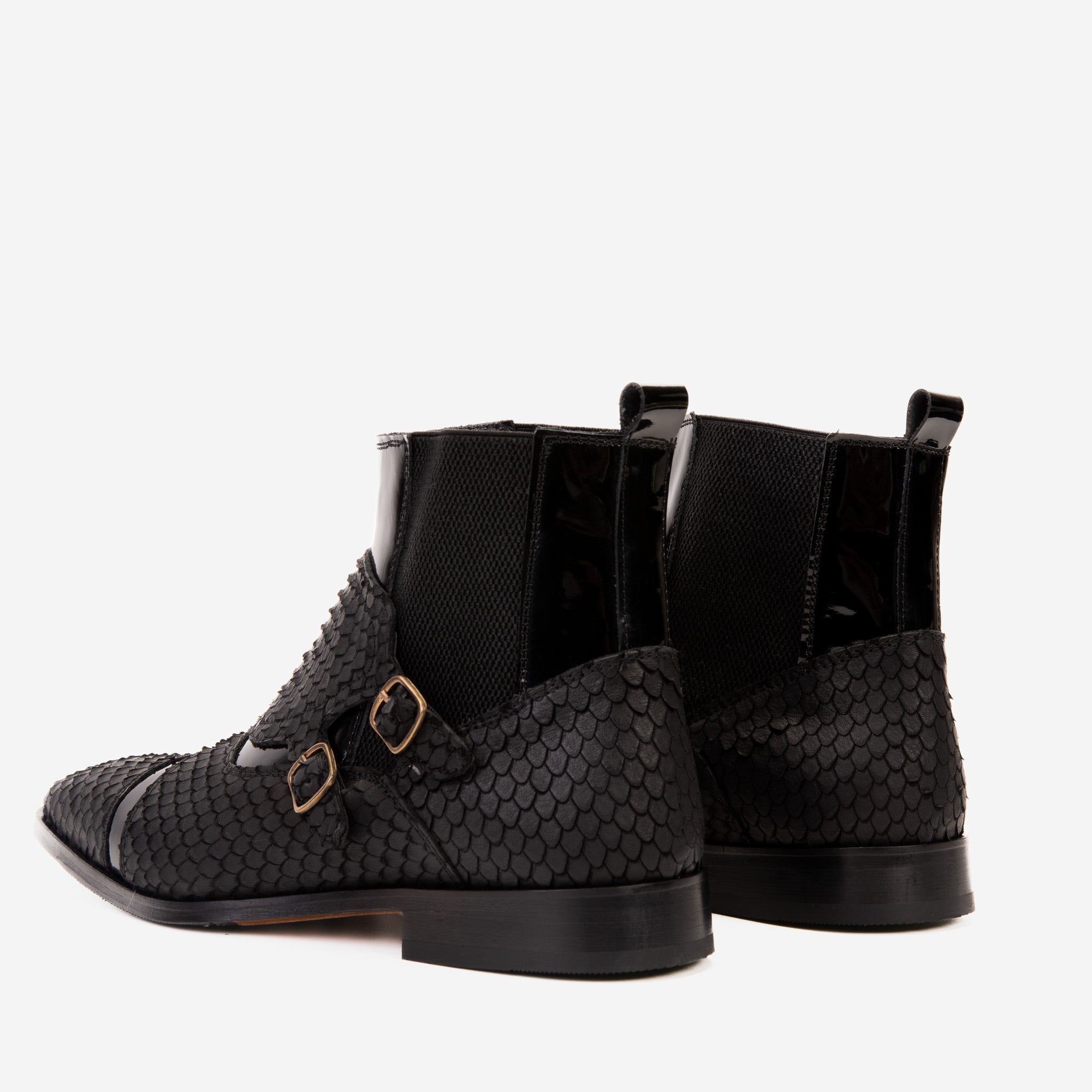 The Orion Black Snakeskin Pattern Leather Double Monk Strap Boot