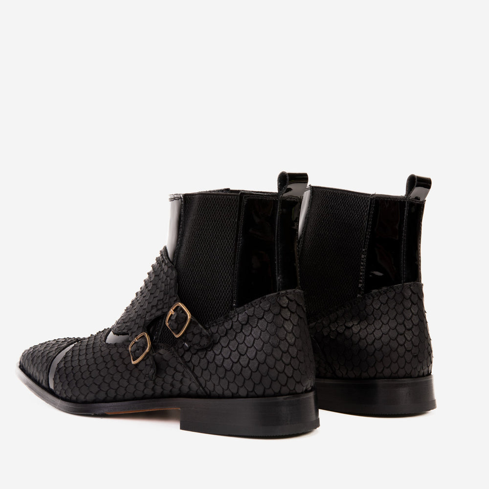 The Orion Black Snakeskin Pattern Leather Double Monk Strap Boot