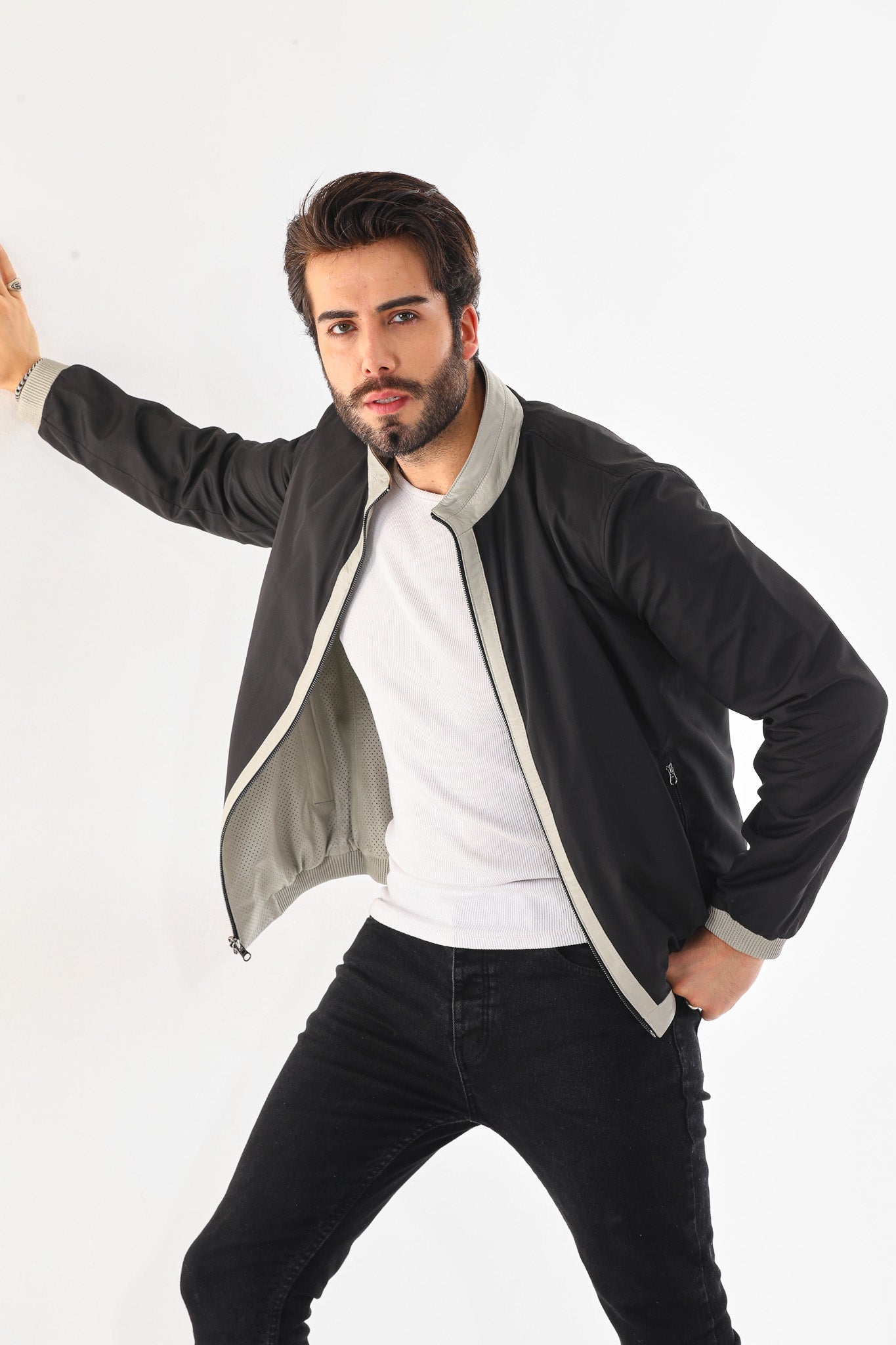 The Como Reversible Cream Black Leather Bomber Jacket