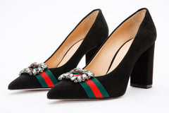The Afega Black Suede Leather Block Heel Pump Shoe