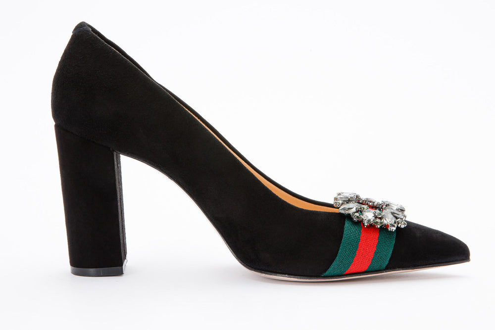 The Afega Black Suede Leather Block Heel Pump Shoe