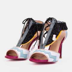 The Santa Amaro White Glitter Leather T-Strap Lace -Up Sandal
