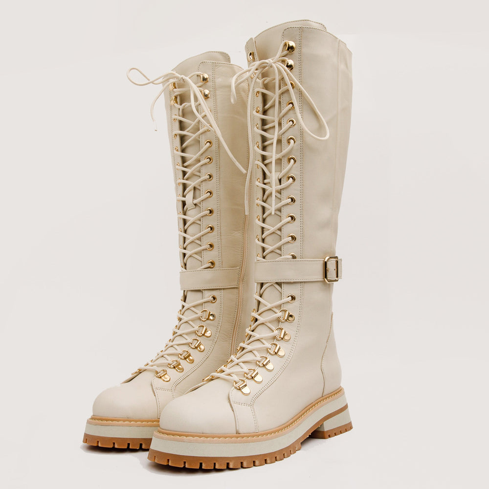 The Istinye Cream Leather Knee High Lace-Up Boot Limited Edition