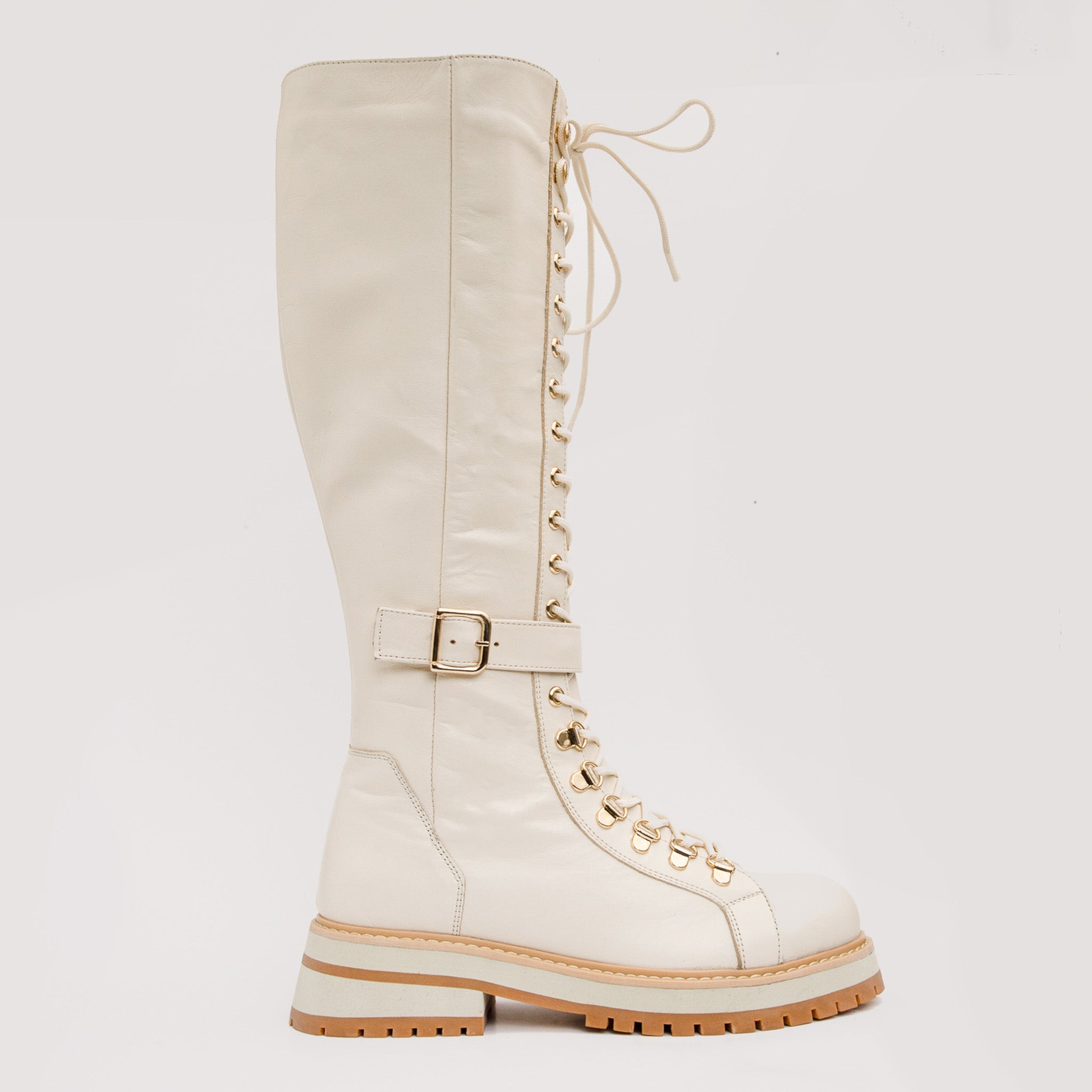The Istinye Cream Leather Knee High Lace-Up Boot Limited Edition