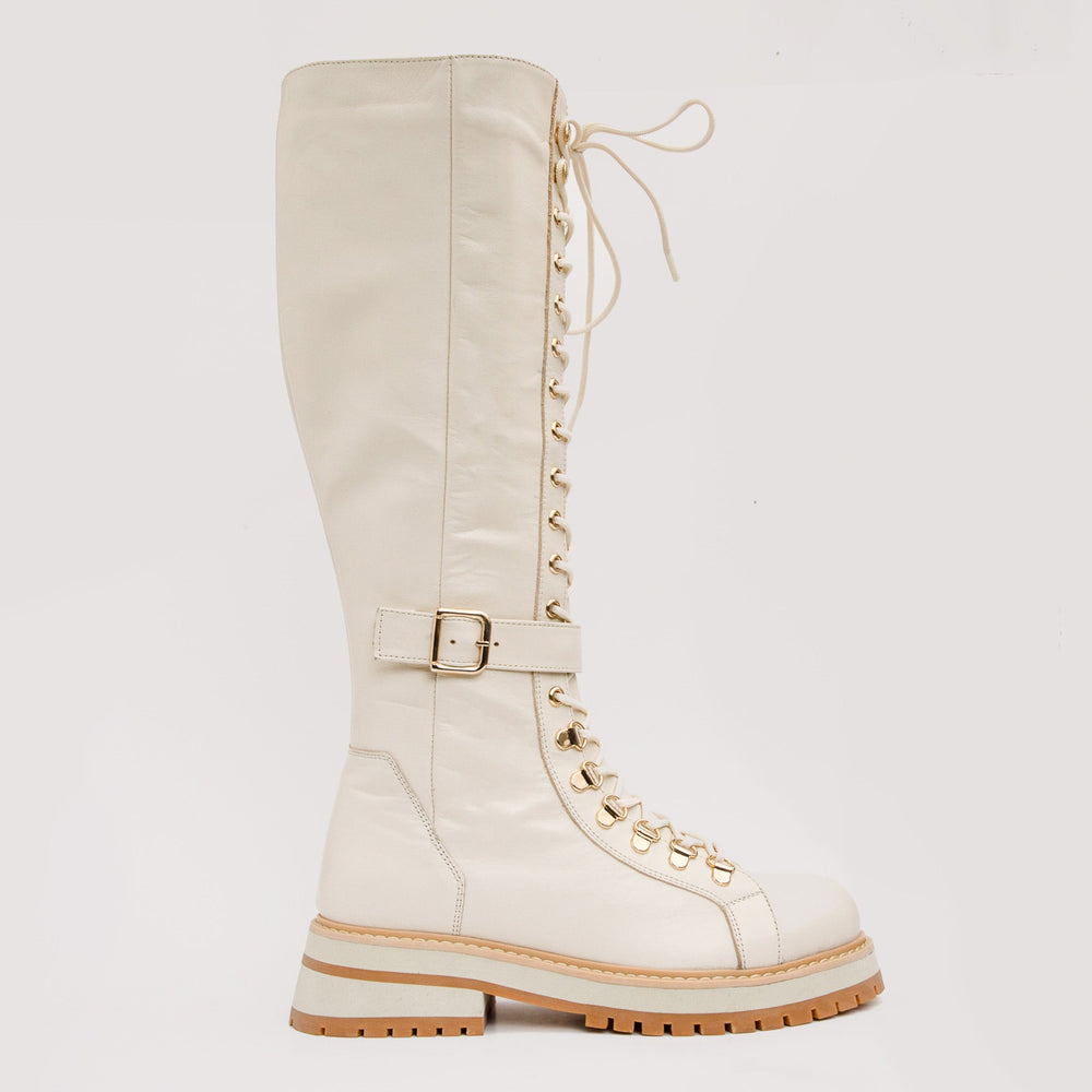The Istinye Cream Leather Knee High Lace-Up Boot Limited Edition
