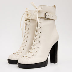 The Estrada Cream Leather Lace-Up Platform Heel Mid Calf Boot