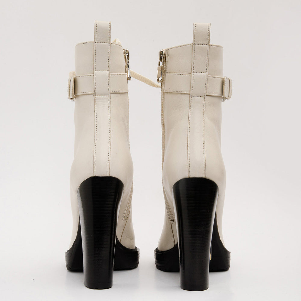The Estrada Cream Leather Lace-Up Platform Heel Mid Calf Boot