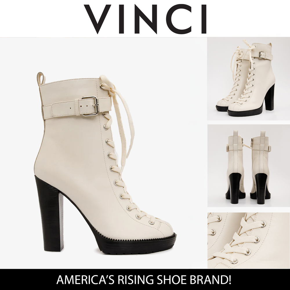 The Estrada Cream Leather Lace-Up Platform Heel Mid Calf Boot