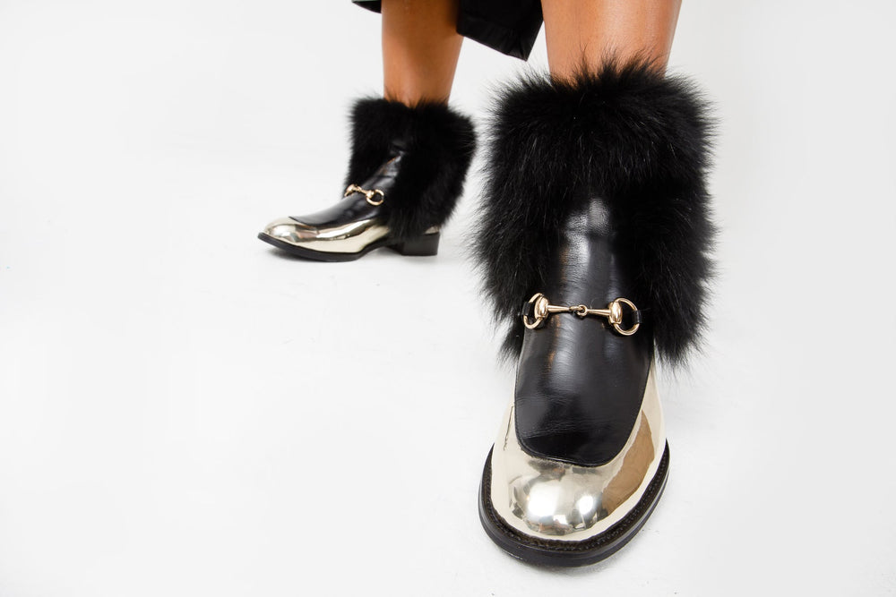 The Izmir Black Gold Leather Natural Fox Fur Mid Calf Boot